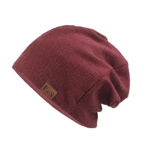 Women Men Slouchy Knit Beanie Hat Cotton Polyester Blend Ribbed Warm Winter Slouch Hat With Leather Patch Casual Headwear