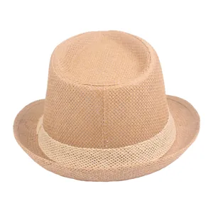 Classic men's light brown woven straw fedora hat with cream decorative band for sun protection