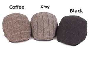 Detailed comparison of vintage plaid ivy caps in coffee, grey, and black herringbone tweed