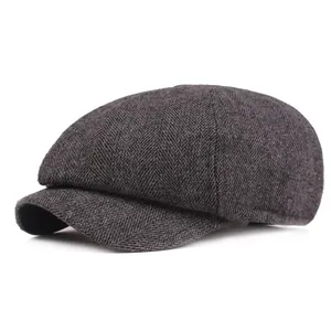 Classic dark grey herringbone newsboy cap for men and women with vintage octagonal style