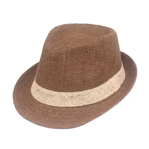 Classic dark brown straw fedora hat for men with a stylish cream-colored woven band