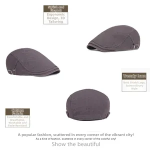 Detail view of cotton flat cap with textured stripes and side adjustable metal buckles