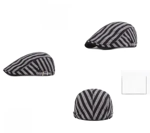 Detail view of cotton striped beret showing 3D tailoring and metal side adjustment buckle