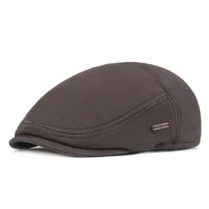 Men's Winter Warm Cotton Flat Cap With Foldable Ear Flaps Thickened Velvet Lined Beret Hat For Elderly Adjustable Outdoor Ivy Cap