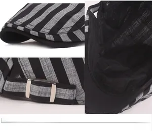 Detail of striped newsboy cap showing adjustable metal buckle and mesh lining