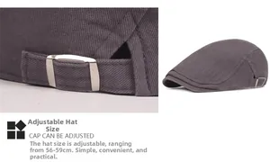 Detail of adjustable metal buckle on dark grey flat cap with 56-59cm size range