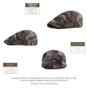 Detail view of cotton camo flat cap showing 3D tailoring and metal adjustment buckle