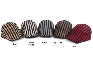 Flat lay of striped ivy caps in khaki, white, grey, army green, and red options