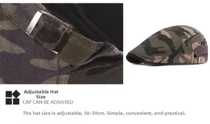 Detail of camouflage beret hat showing adjustable metal buckle for 56-59cm head size