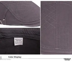 Detail view of cotton flat cap featuring diamond quilted texture and metal side buckle