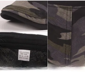 Close-up of 100% cotton fabric texture and camo pattern detail on a flat cap