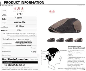Detailed size guide for cotton flat cap showing dimensions and head measurement steps