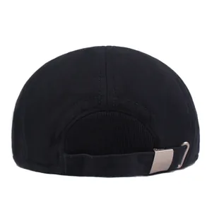Rear view of black winter cap showing adjustable fabric strap and silver metal buckle
