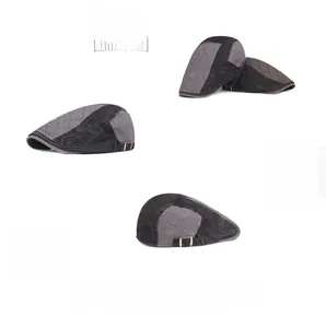 Detail of vintage patchwork cotton beret featuring quilted texture and metal side buckles