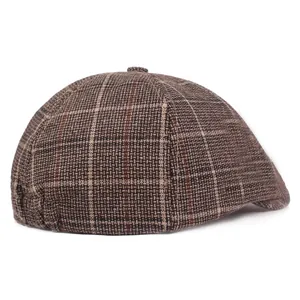 Classic plaid flat cap for men featuring warm coffee checked pattern fabric