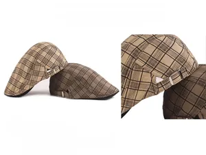 Close-up of plaid beret hat with adjustable silver metal buckle and breathable fabric