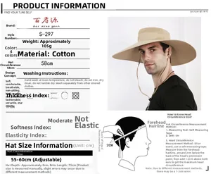 Detailed size chart infographic for khaki sun hat showing measurements and mesh fabric specs