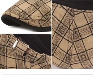 Detail of plaid beret hat with adjustable metal buckle and breathable cotton linen texture
