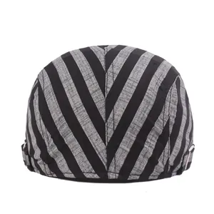 Classic striped flat cap in black and grey with side metal adjustment buckles