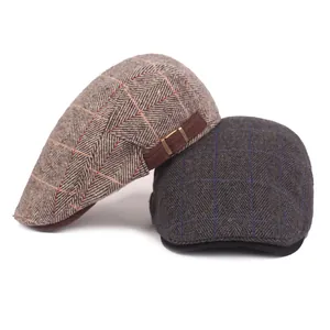 Classic herringbone wool blend flat cap with adjustable buckle for autumn and winter