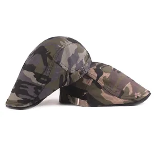 Mens cotton camo flat cap in grey and green with adjustable metal buckles