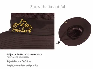 Détail de la jugulaire réglable et du filet respirant sur le chapeau de soleil brun