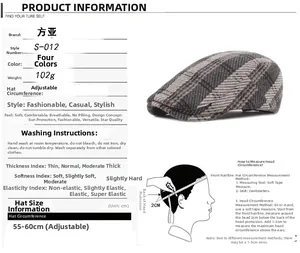 Detailed size chart for gray plaid flat cap with 55-60cm adjustable head circumference