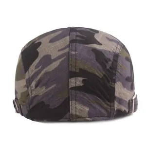 Men's camouflage flat cap in forest green cotton with an adjustable metal buckle