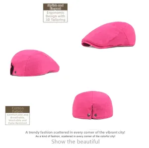 Macro detail of breathable rose red cotton ivy cap with 3D cutting and metal buckle