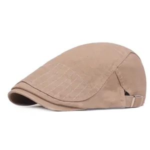 Classic khaki flat cap for men featuring side stitching details and adjustable metal buckle
