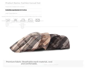 Detail view of plaid newsboy hats showing 58cm circumference and dimensions