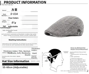 Detail showing grey herringbone flat cap specifications with adjustable buckle and size guide