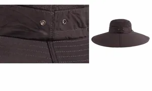 Detail of dark brown sun hat featuring breathable mesh panels and reinforced wide brim