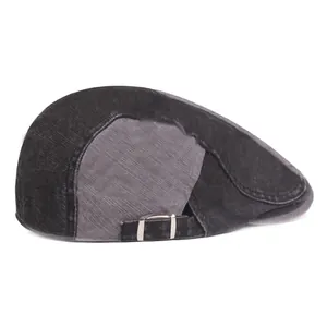 Retro patchwork cotton newsboy cap in grey denim with adjustable metal buckle closure