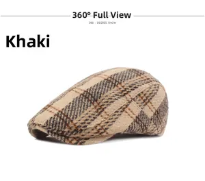 Detailed side view of khaki plaid flat cap showing premium wool blend fabric texture