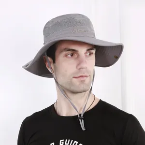 Men's grey outdoor sun hat with wide brim, mesh breathability and adjustable chin cord