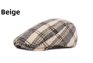 Macro shot of beige plaid newsboy hat with detailed wool blend weave texture