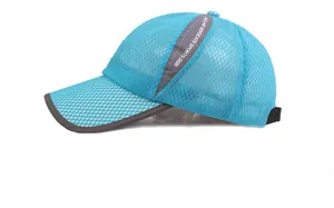 Detail of sky blue mesh baseball cap showing breathable honeycomb fabric and gray trim
