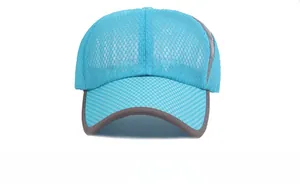 Detail of light blue mesh baseball cap showing breathable fabric and curved gray brim