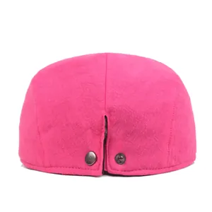 Back view of a rose red sun hat featuring textured fabric and metal buttons