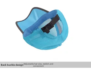 Detail of adjustable rear buckle and breathable blue mesh fabric on baseball cap