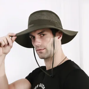 Detail showing the breathable mesh panels and adjustable chin strap on olive sun hat