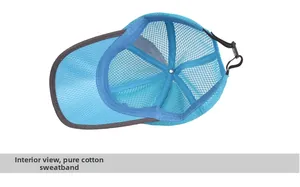 Detail of blue breathable mesh cap featuring a cotton sweatband and adjustable back strap