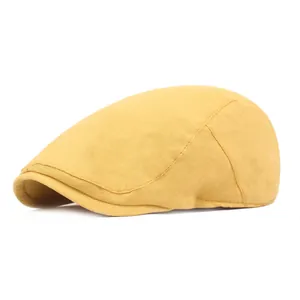 Minimalist ginger yellow cotton linen beret hat with sun protection and classic flat cap design
