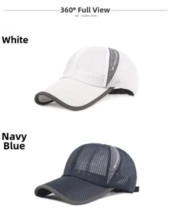 Detail of breathable mesh texture and decorative side tape on white and navy sports caps