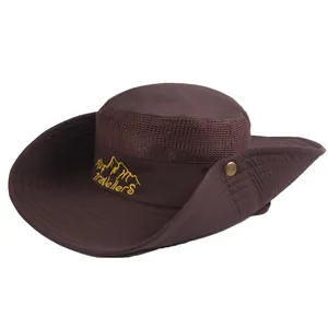 Chapeau de soleil marron foncé à large bord avec maille respirante et broderie Travellers