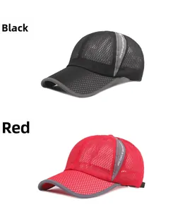 Detail of breathable mesh fabric on black and red quick-dry summer baseball caps