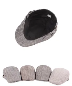 Detailed view of herringbone beret with interior lining and metal adjustment buckle