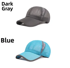 Close-up of quick-dry mesh baseball caps in dark grey and blue with sports trim