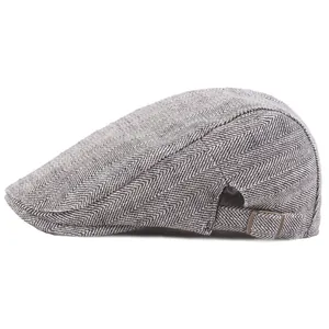 Classic grey herringbone flat cap with adjustable metal buckle for men and women